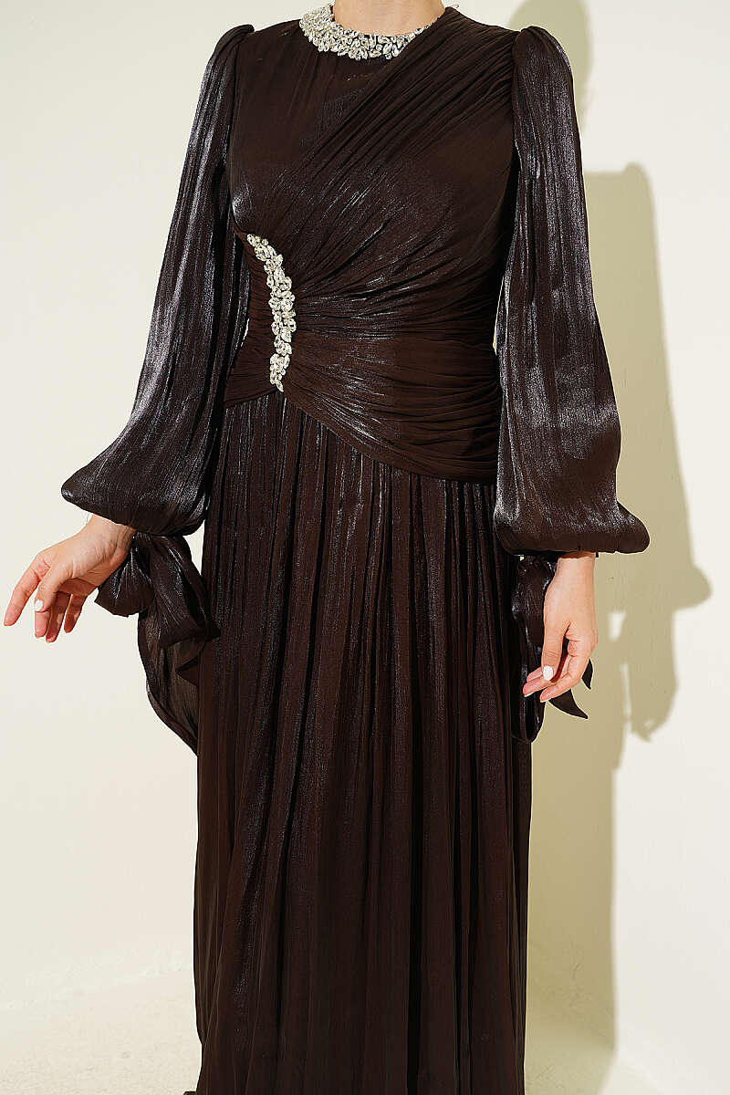 Draped Evening Dress with Stone Detail - Dark Brown