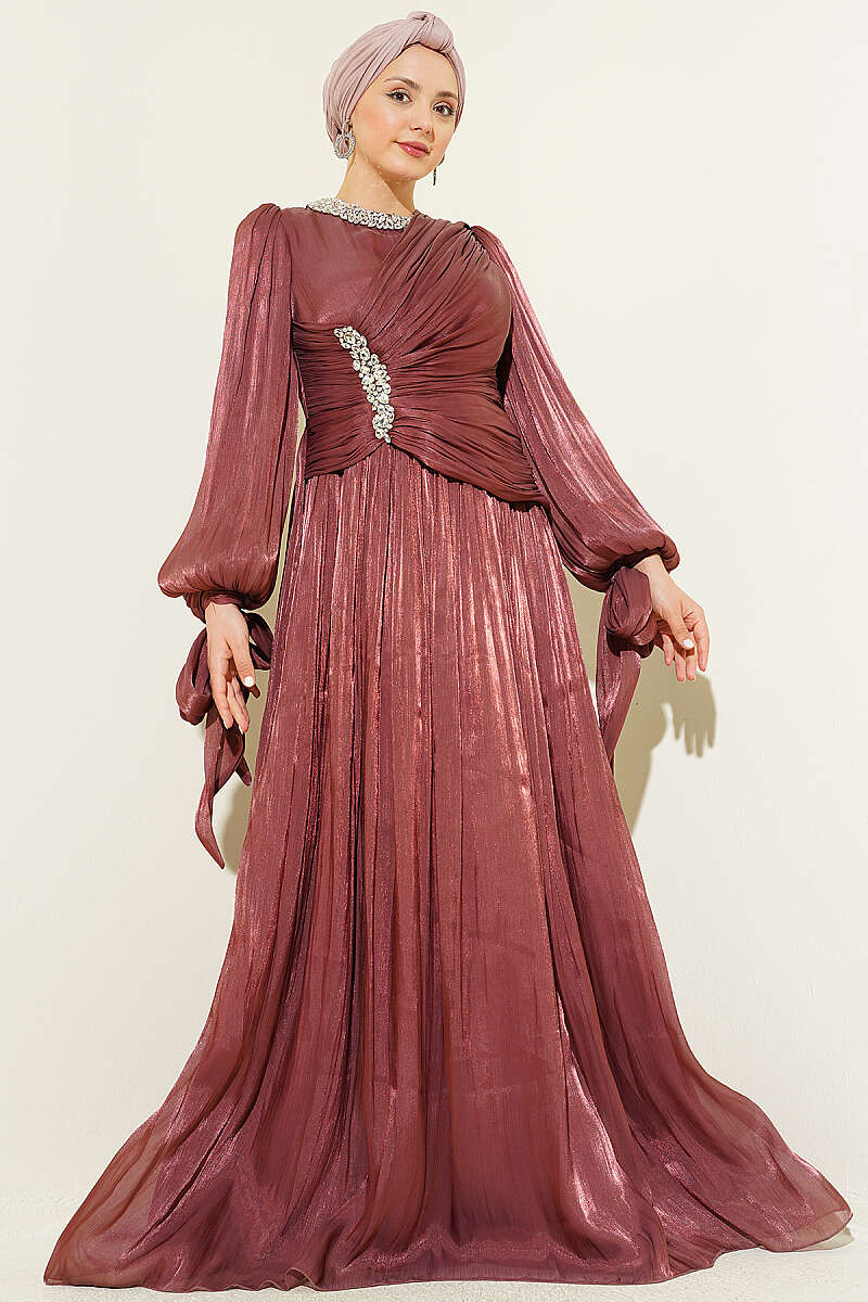 Draped Evening Dress with Stone Detail - Dusty Rose