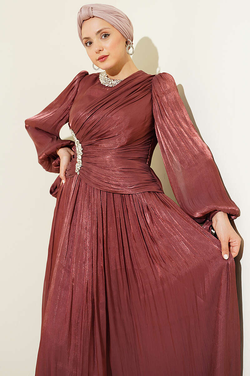 Draped Evening Dress with Stone Detail - Dusty Rose