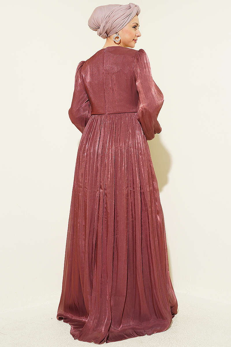 Draped Evening Dress with Stone Detail - Dusty Rose