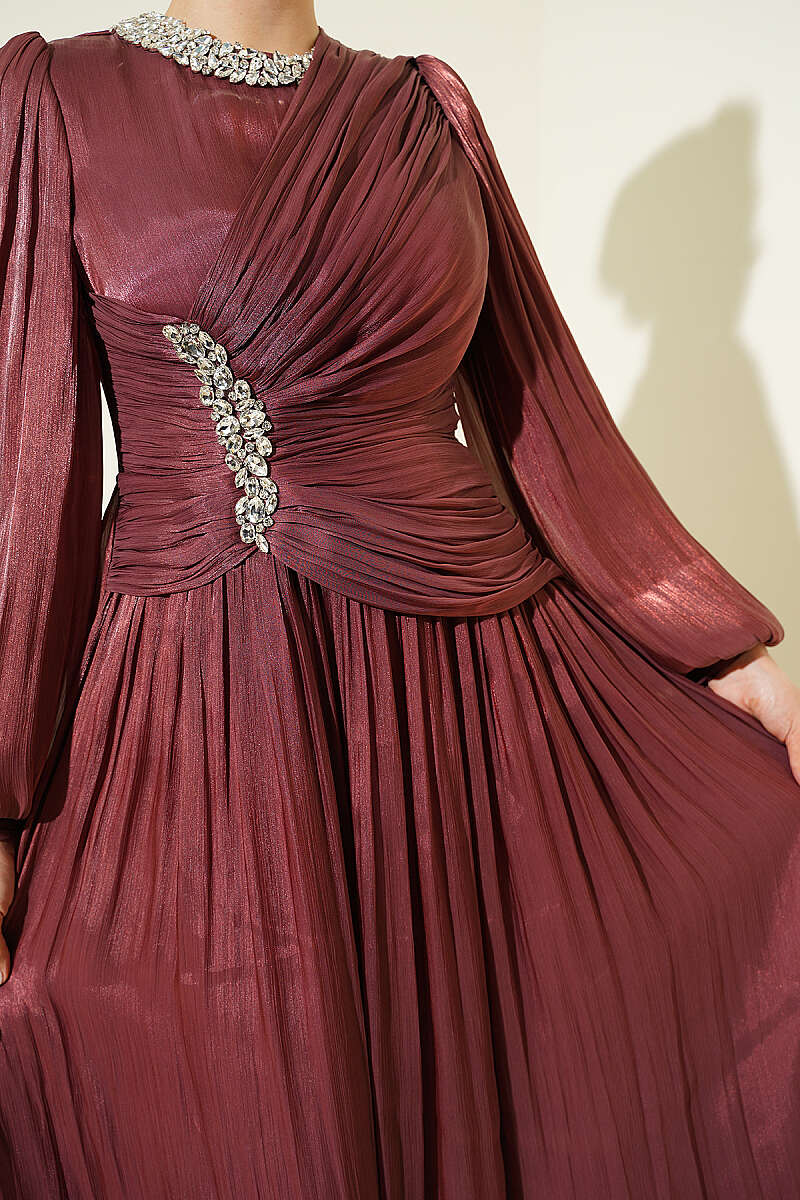 Draped Evening Dress with Stone Detail - Dusty Rose