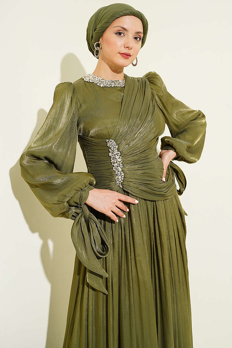 Draped Evening Dress with Stone Detail - Khaki