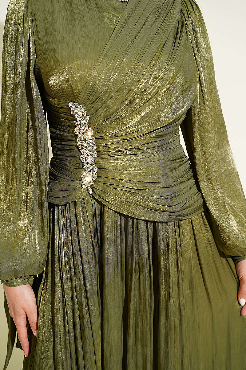 Draped Evening Dress with Stone Detail - Khaki