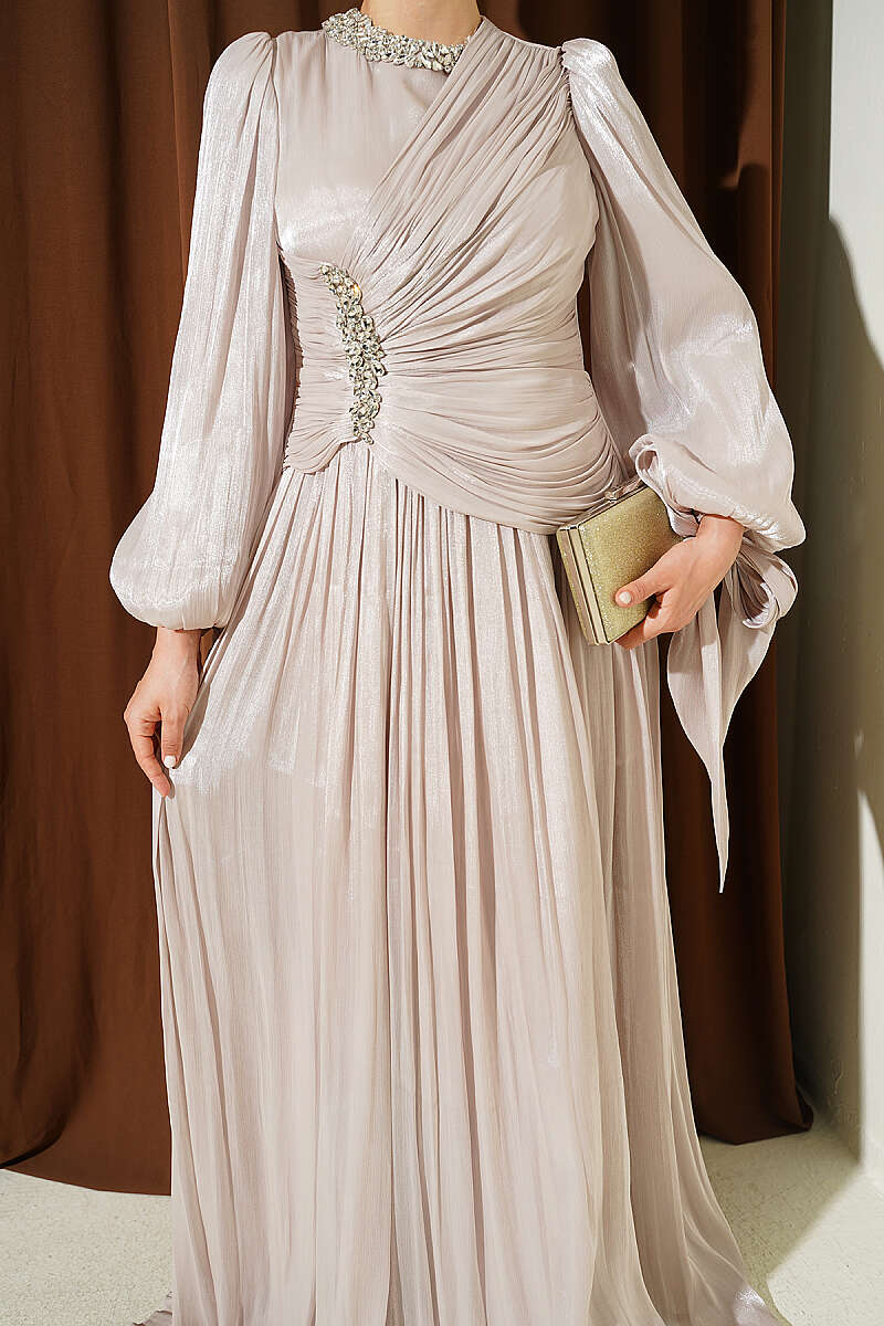 Draped Evening Dress with Stone Detail - Stone