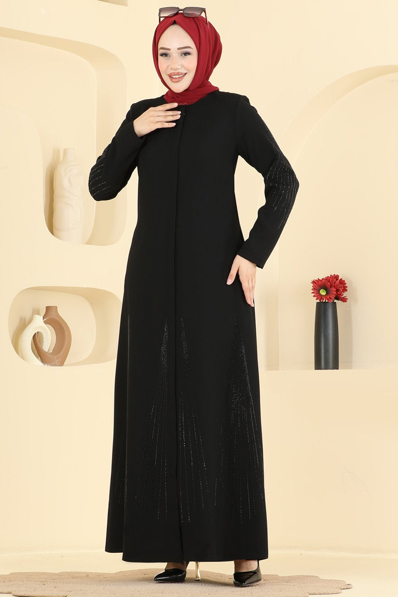 Stone-Detail Zip Abaya Coat - Black