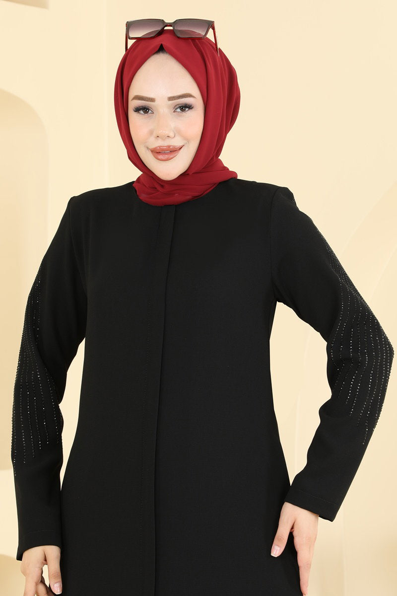 Stone-Detail Zip Abaya Coat - Black