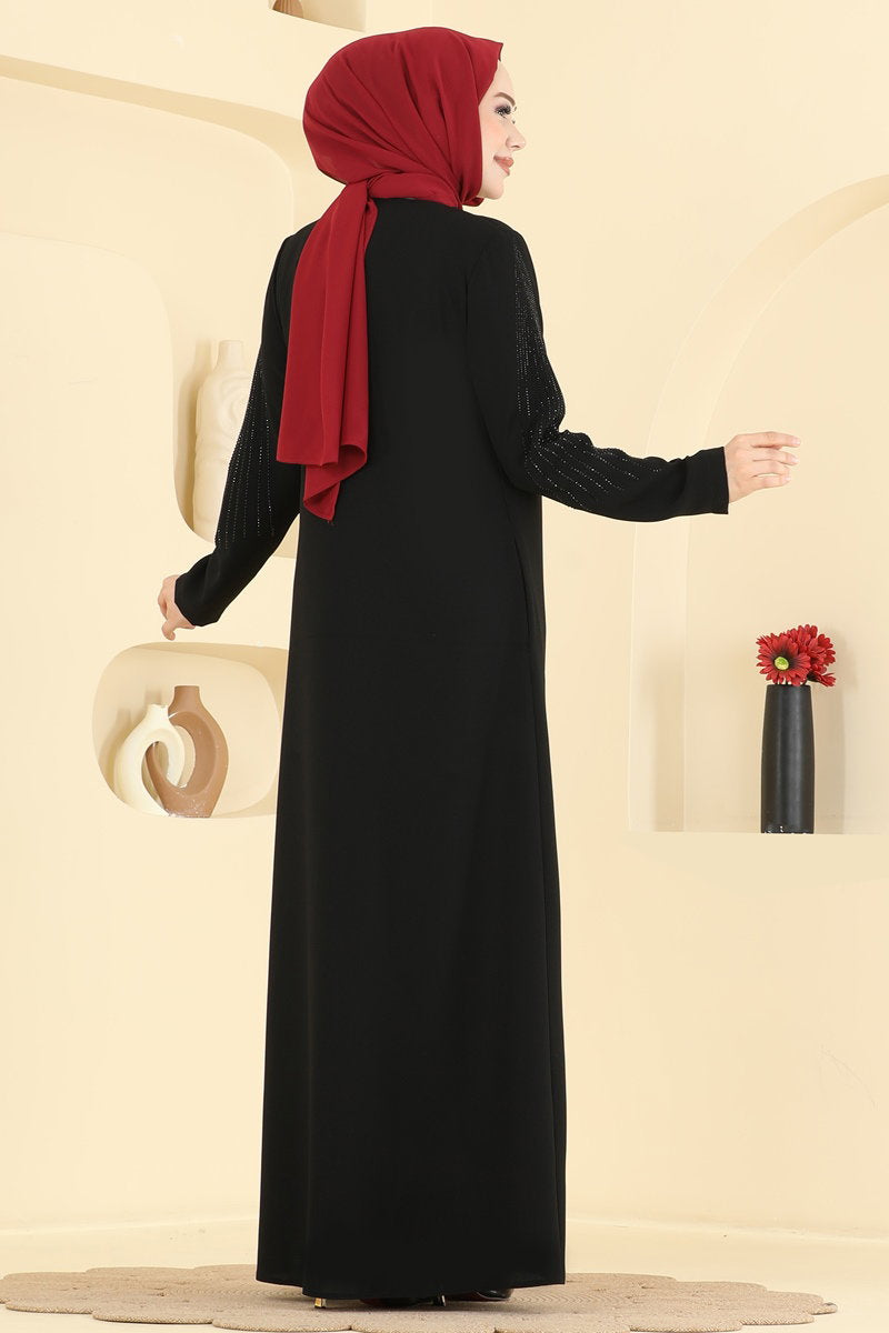 Stone-Detail Zip Abaya Coat - Black