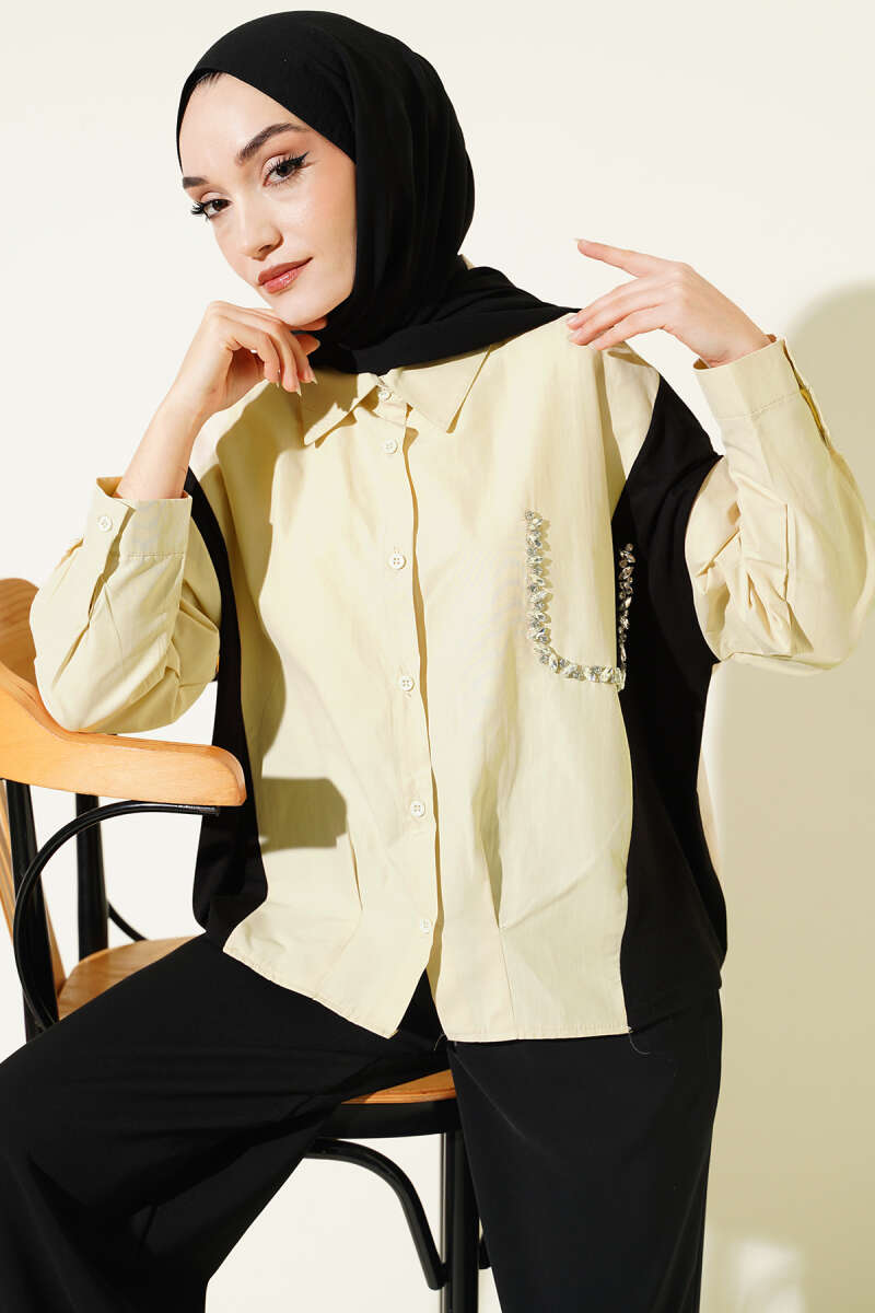 Shirt with Stone Detail and Trim - Beige