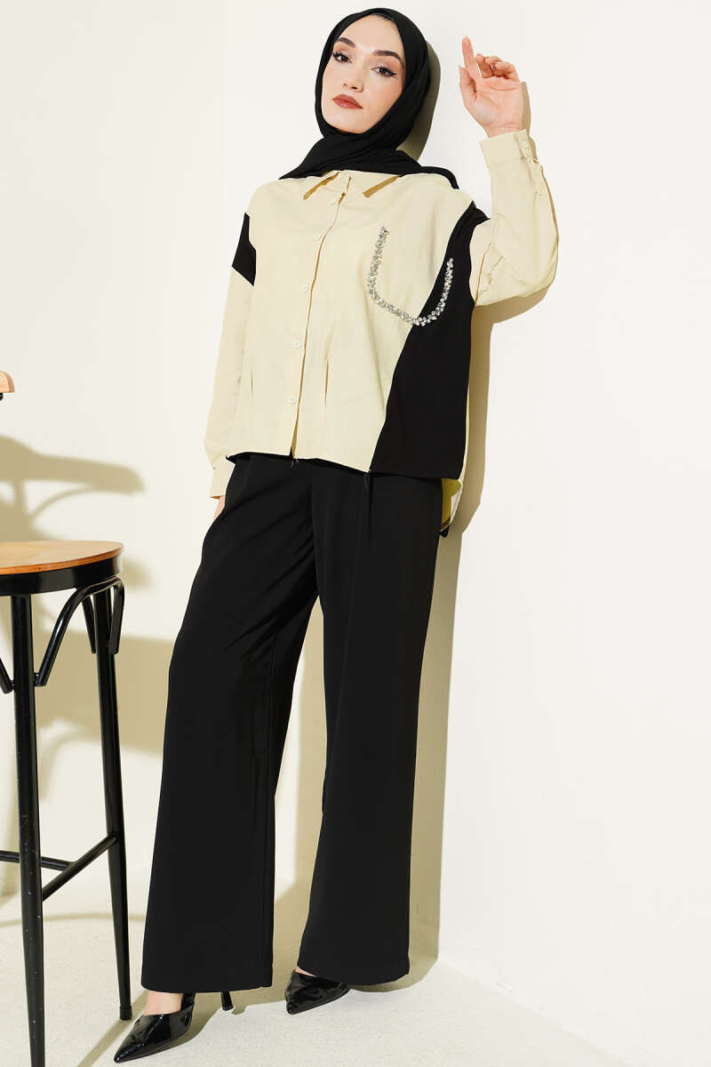 Shirt with Stone Detail and Trim - Beige