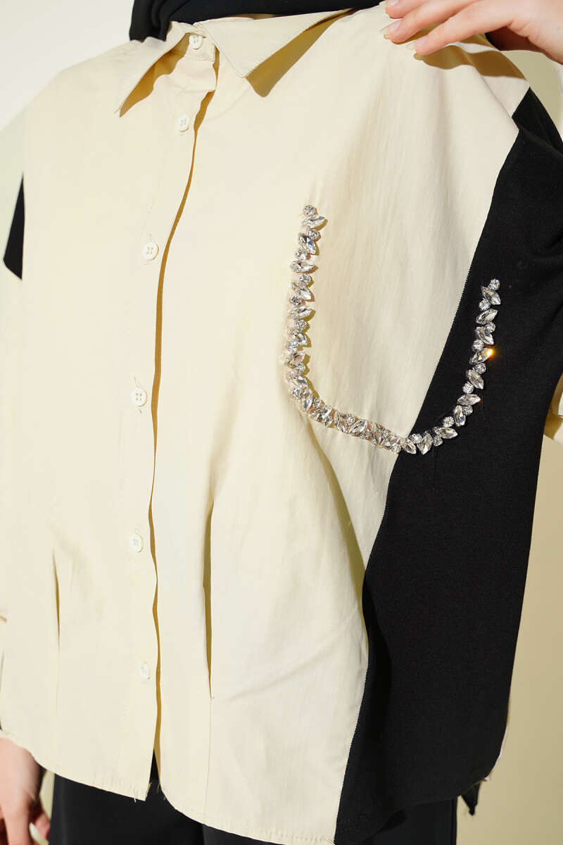 Shirt with Stone Detail and Trim - Beige