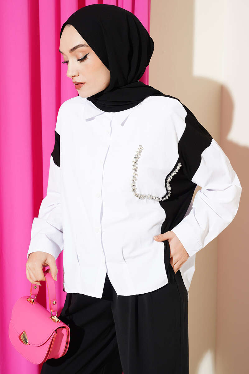 Shirt with Stone Detail and Trim - White
