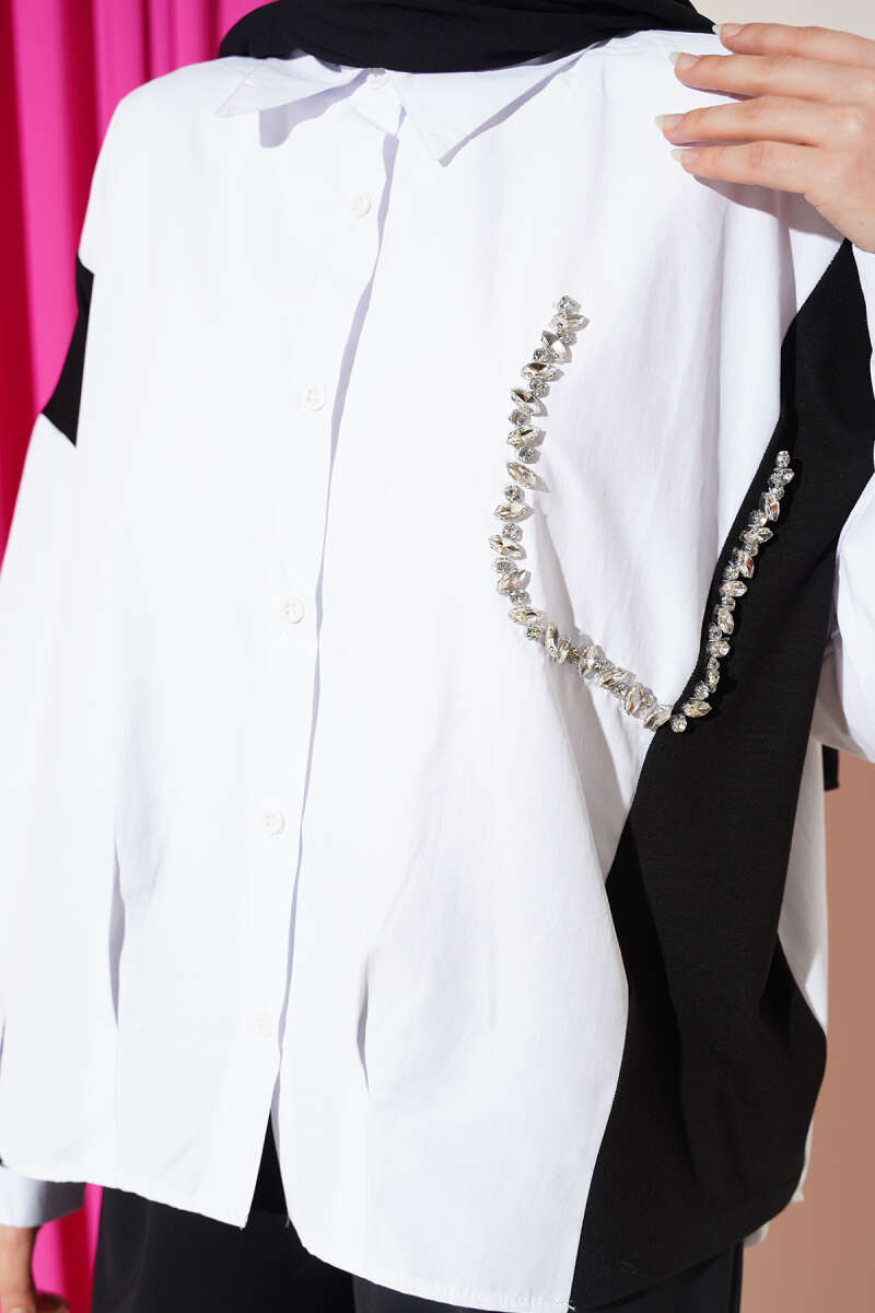 Shirt with Stone Detail and Trim - White