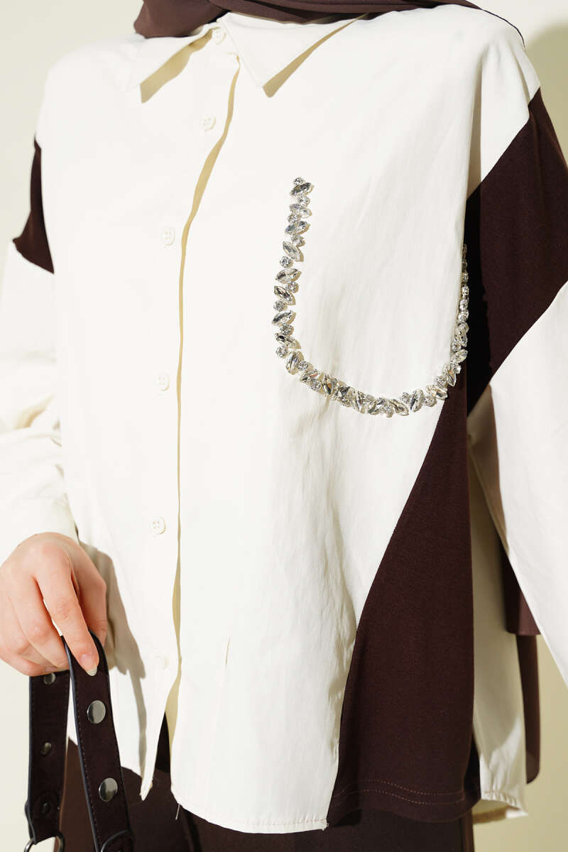 Shirt with Stone Detail and Trim - Ecru