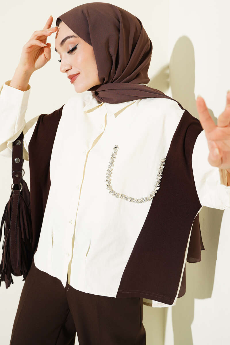 Shirt with Stone Detail and Trim - Ecru