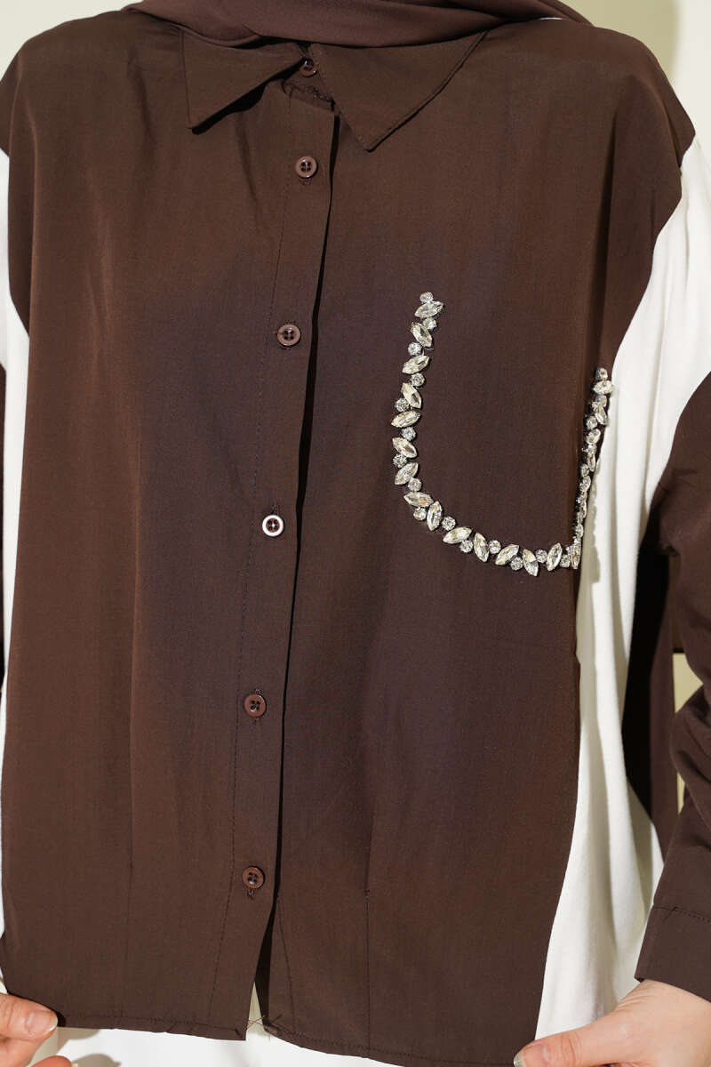 Shirt with Stone Detail and Trim - Brown