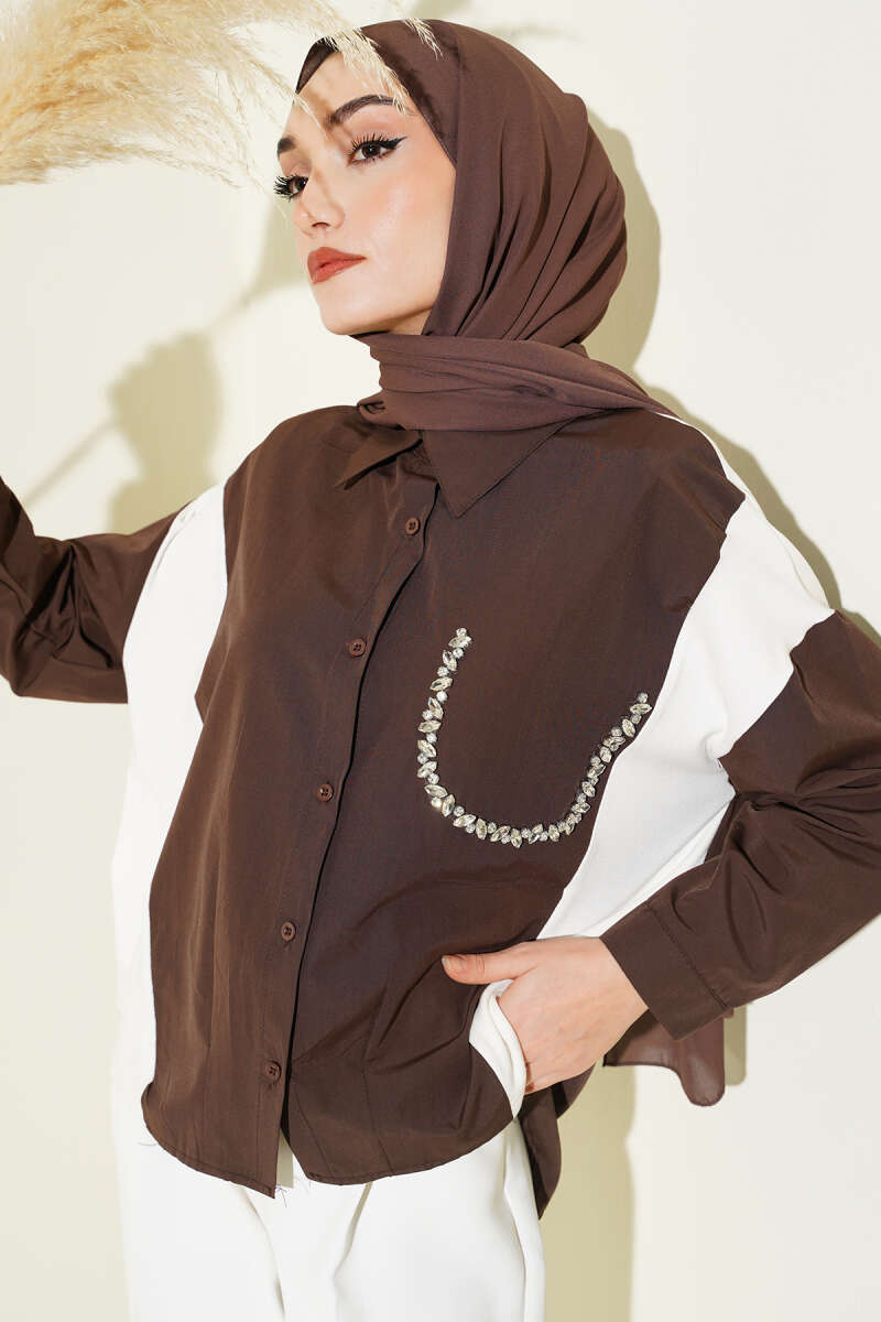 Shirt with Stone Detail and Trim - Brown