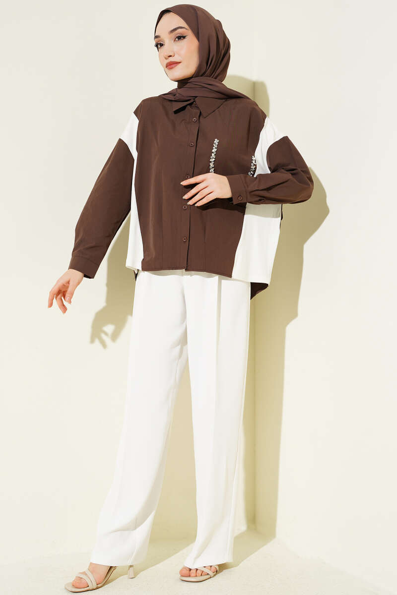 Shirt with Stone Detail and Trim - Brown