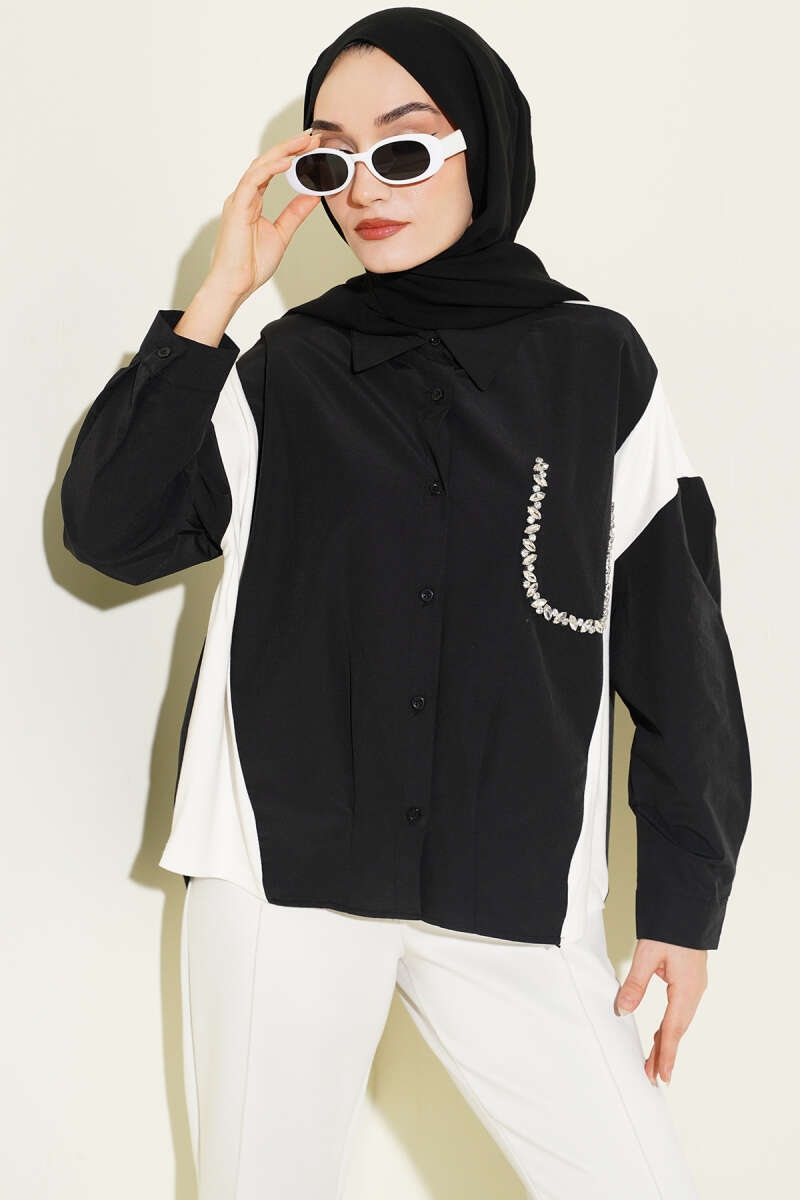 Shirt with Stone Detail and Trim - Black