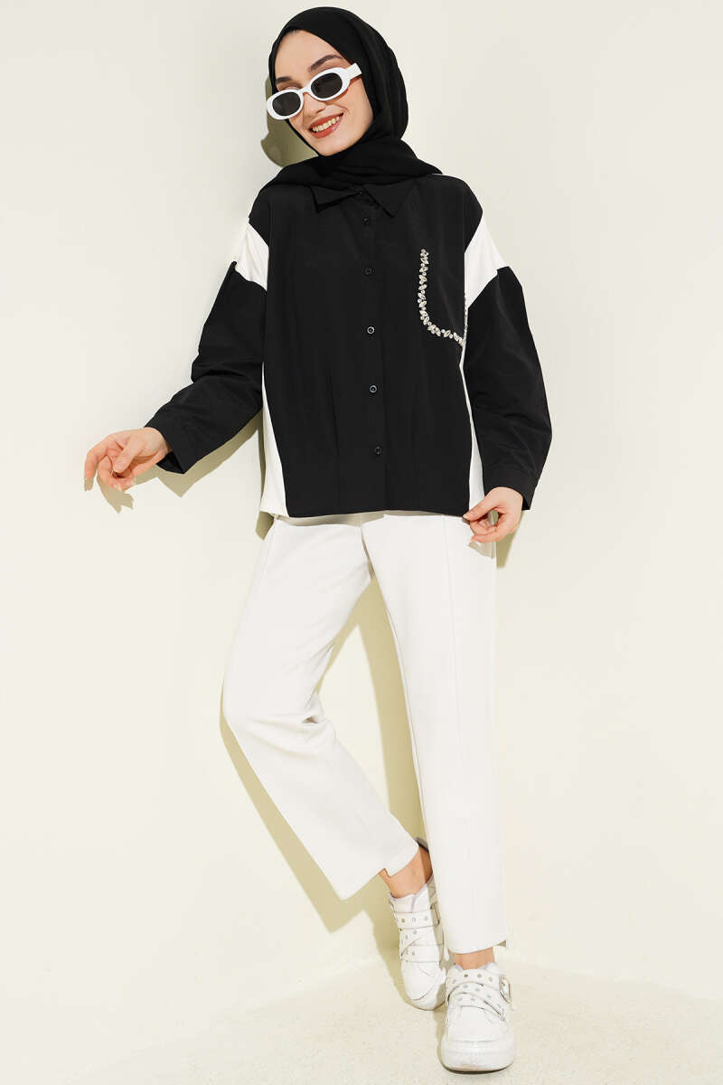 Shirt with Stone Detail and Trim - Black