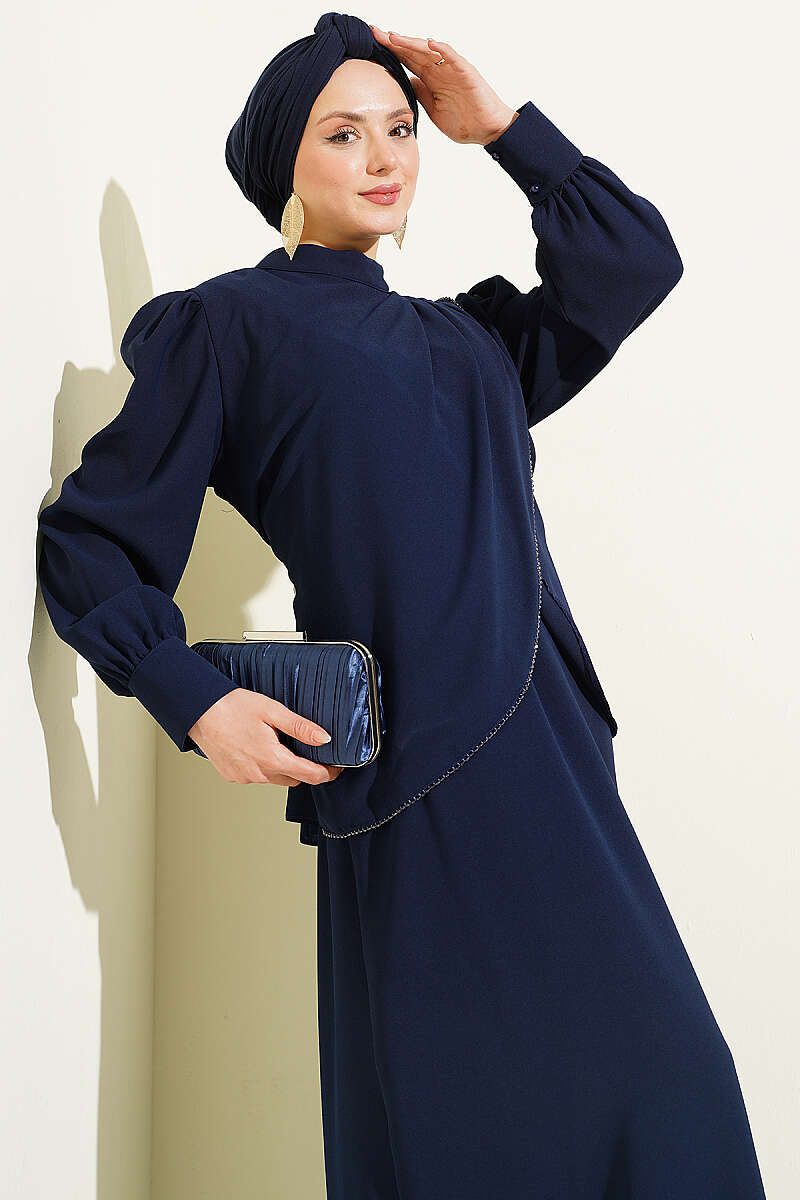 Stone-Detail Pinafore Two-Piece Set - Navy