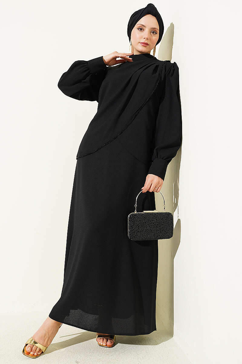 Stone-Detail Pinafore Two-Piece Set - Black