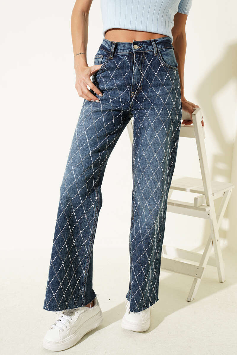 Raw-Hem Jeans with Stone Detail - Dark Blue
