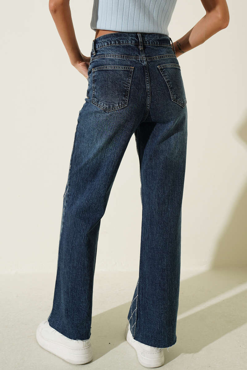 Raw-Hem Jeans with Stone Detail - Dark Blue