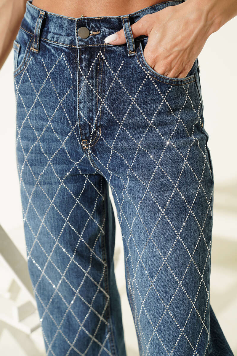Raw-Hem Jeans with Stone Detail - Dark Blue