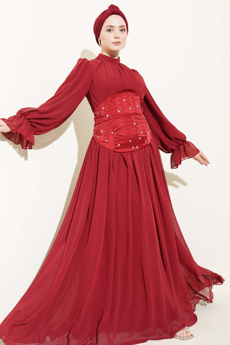Stone-Detail Corset Evening Dress - Burgundy