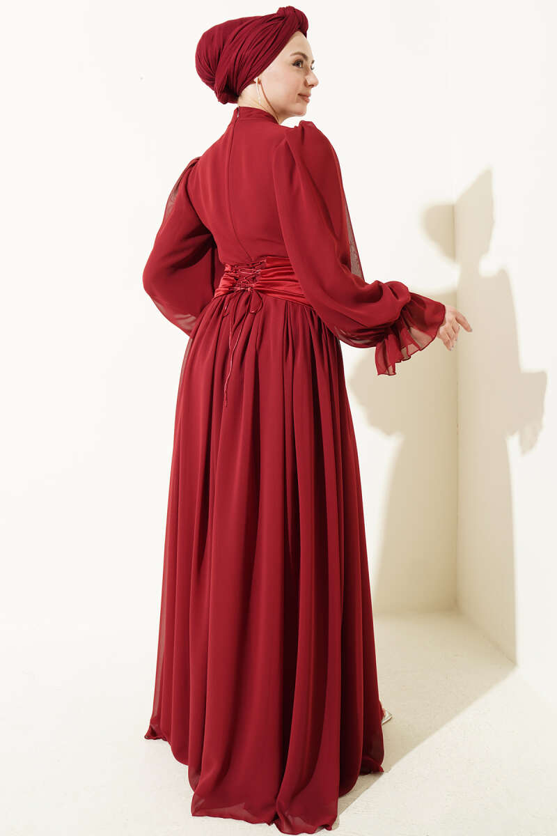 Stone-Detail Corset Evening Dress - Burgundy