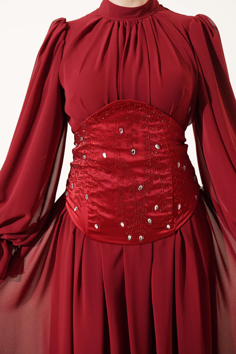 Stone-Detail Corset Evening Dress - Burgundy