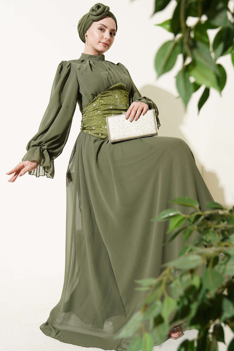 Stone-Detail Corset Evening Dress - Khaki