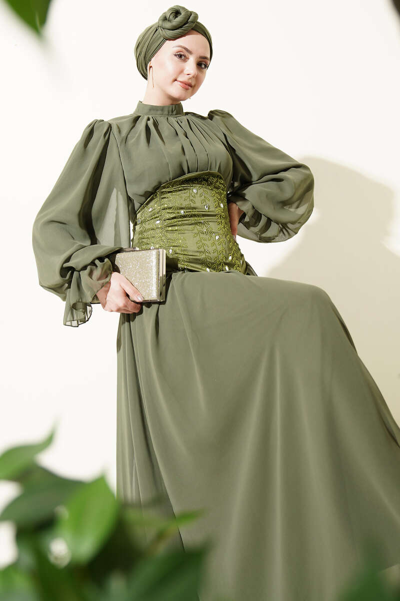 Stone-Detail Corset Evening Dress - Khaki