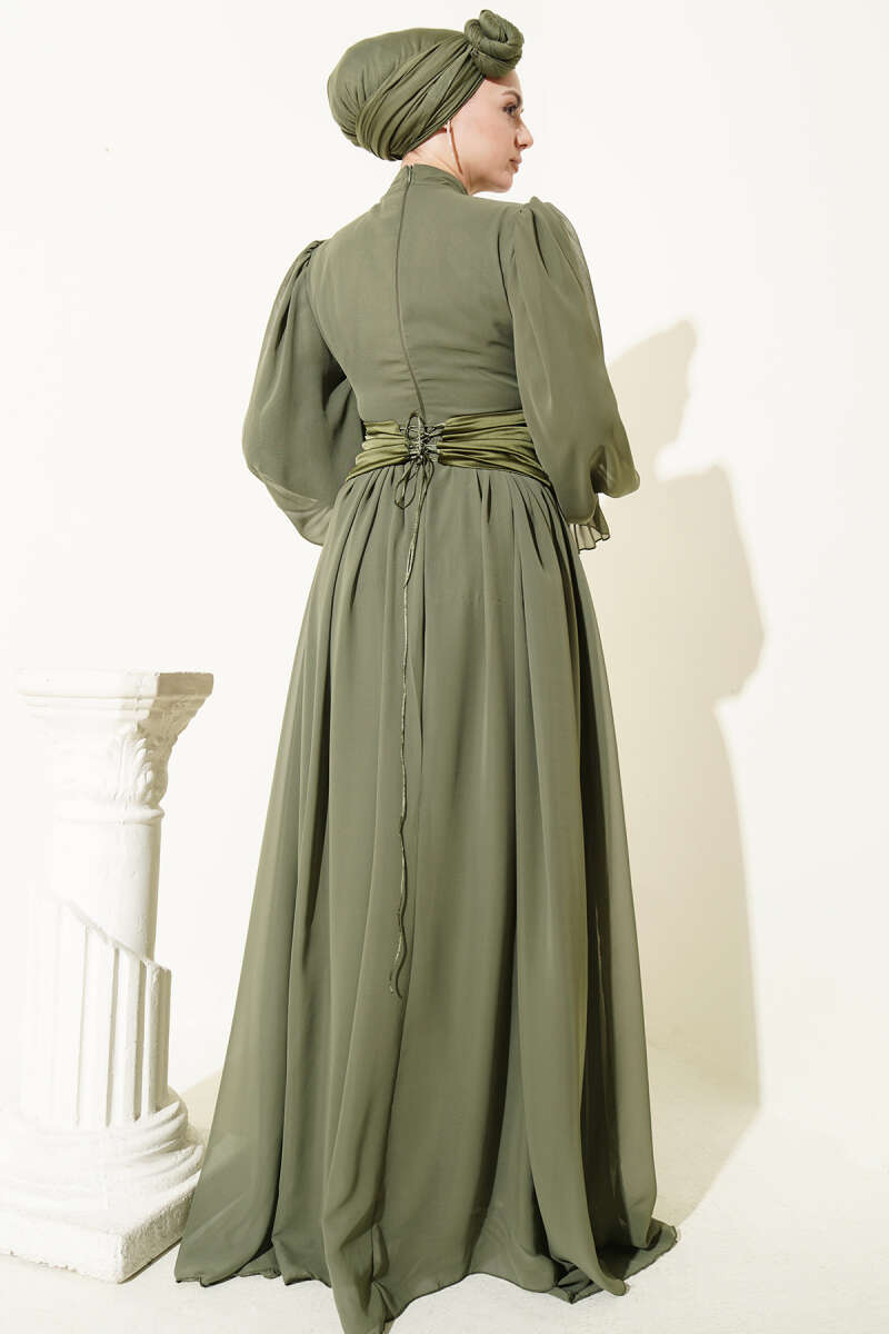 Stone-Detail Corset Evening Dress - Khaki