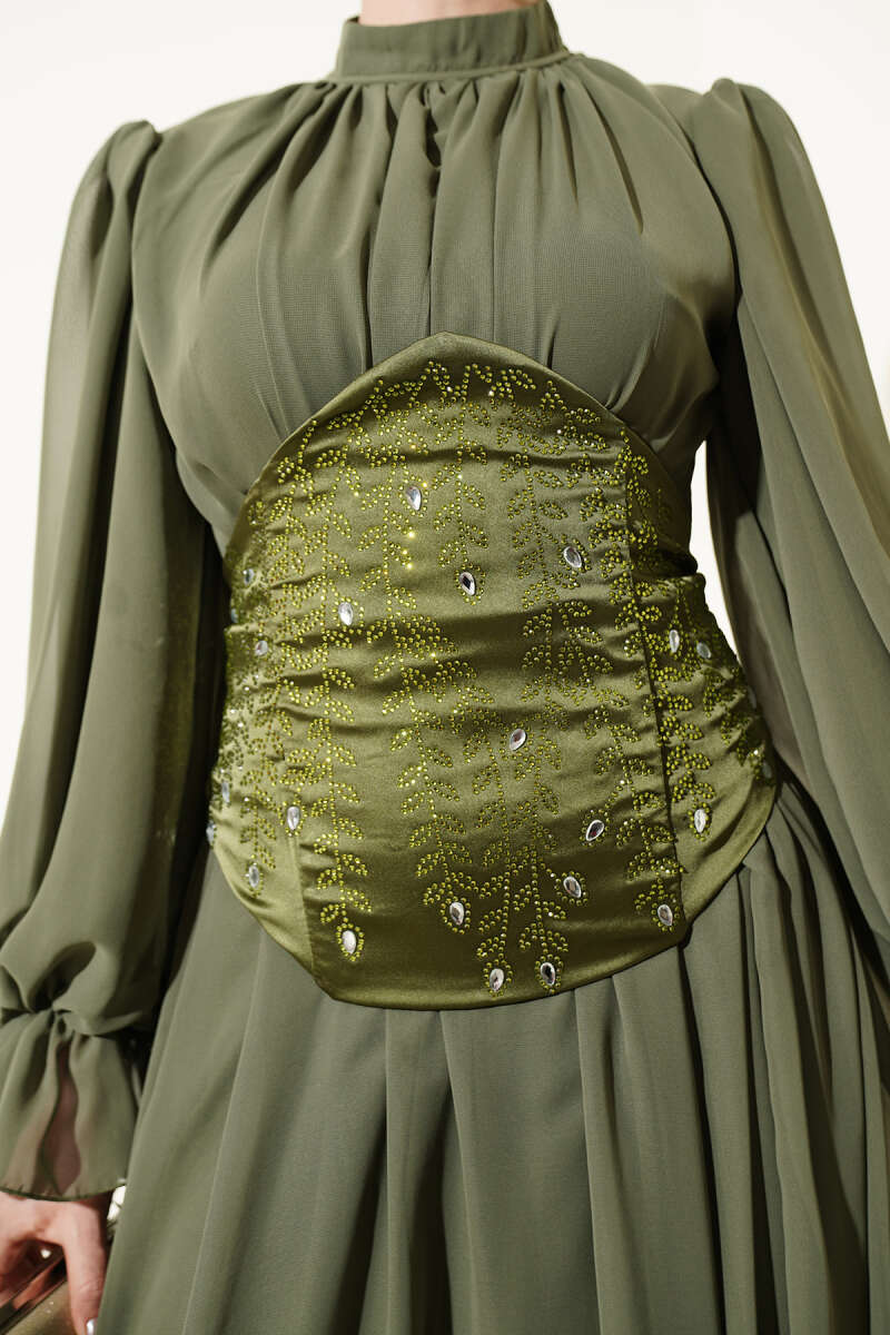 Stone-Detail Corset Evening Dress - Khaki