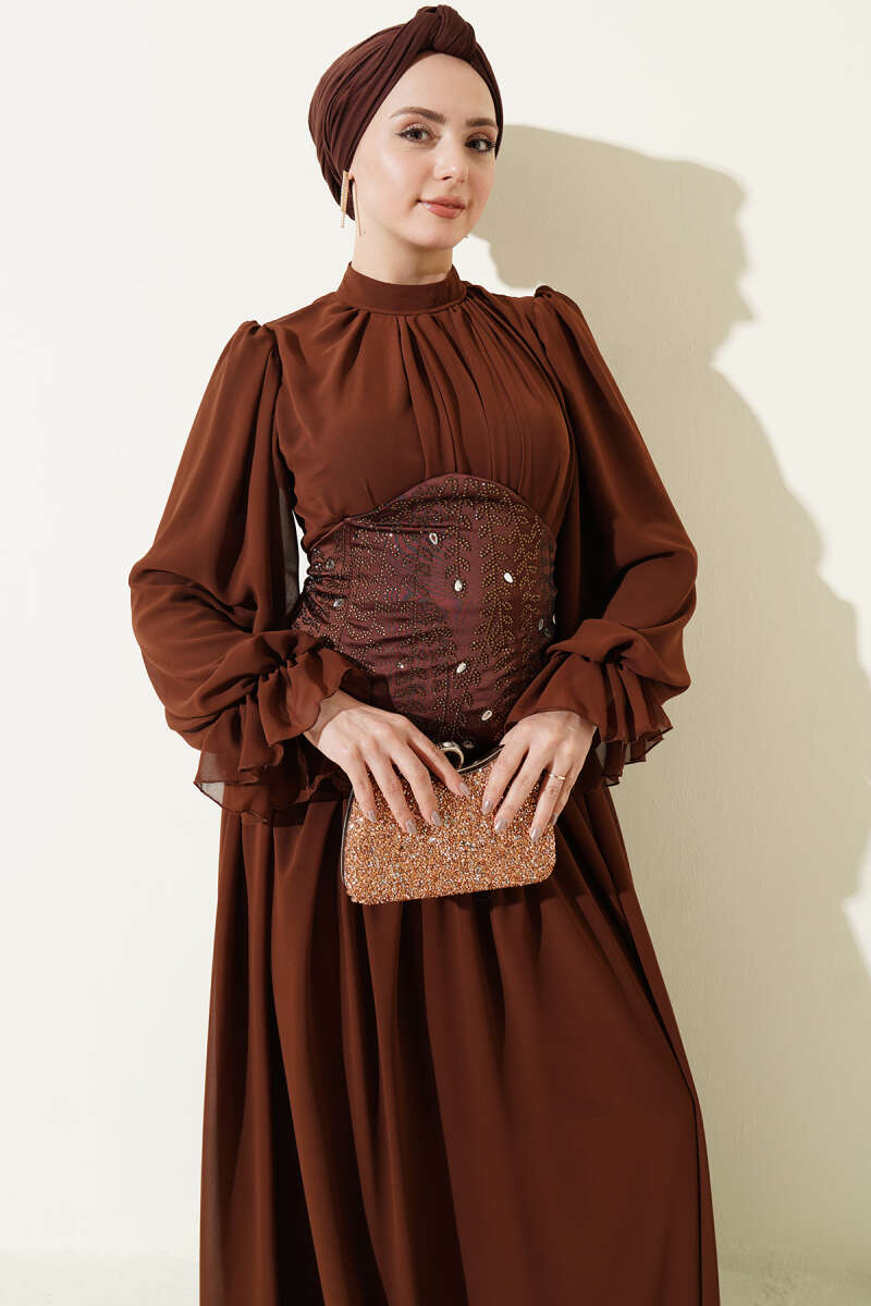 Stone-Detail Corset Evening Dress - Brown