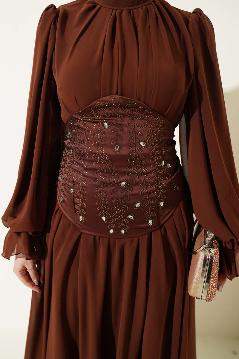 Stone-Detail Corset Evening Dress - Brown