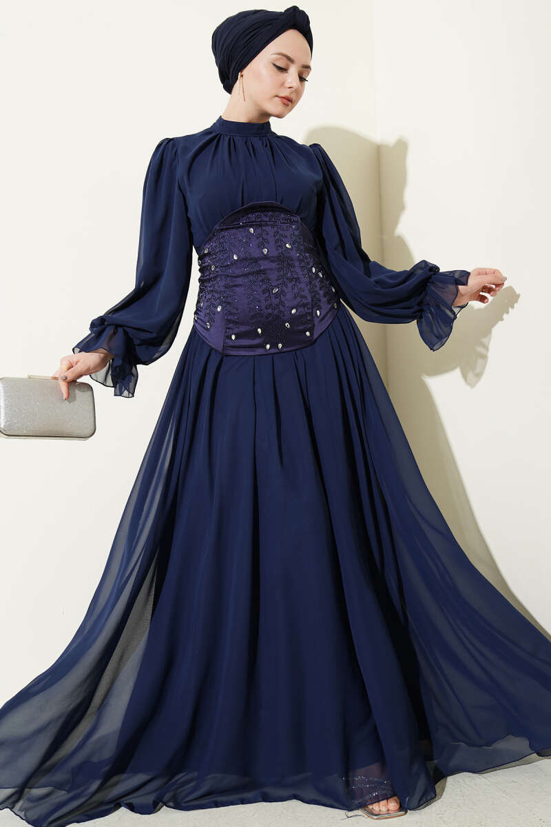 Stone-Detail Corset Evening Dress - Navy