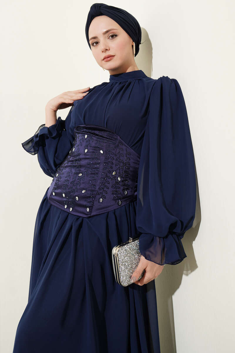 Stone-Detail Corset Evening Dress - Navy