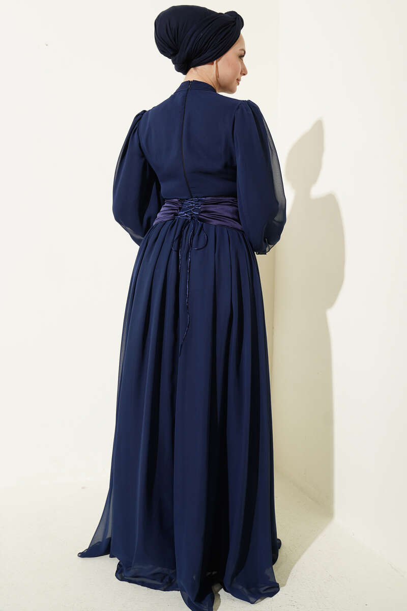 Stone-Detail Corset Evening Dress - Navy