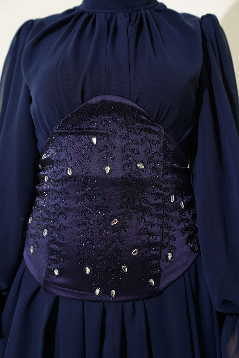 Stone-Detail Corset Evening Dress - Navy