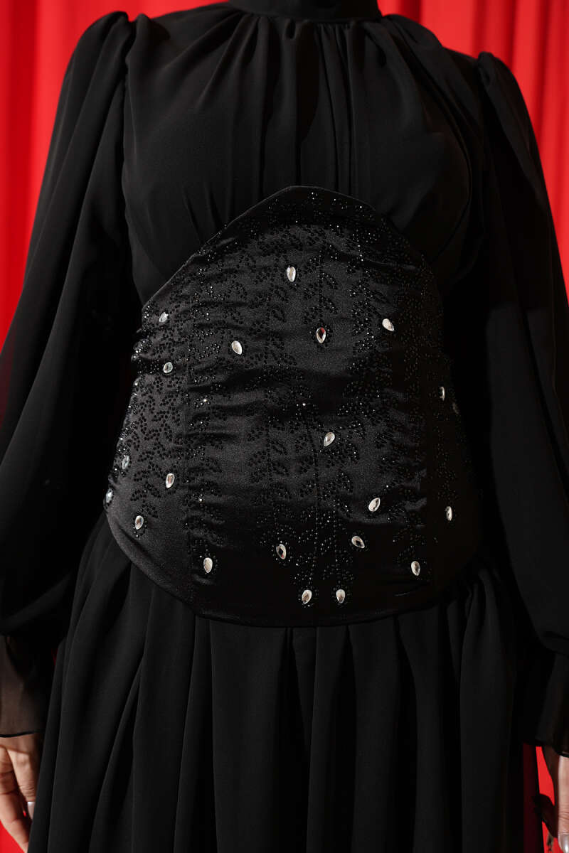 Stone-Detail Corset Evening Dress - Black