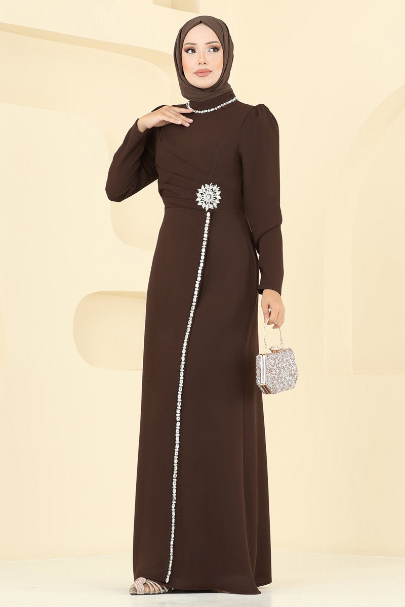 Stone-Detail Crepe Evening Dress - Brown