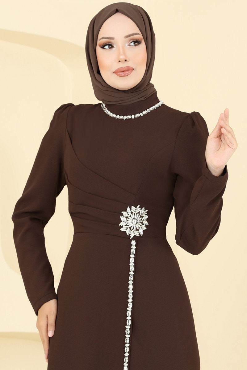 Stone-Detail Crepe Evening Dress - Brown