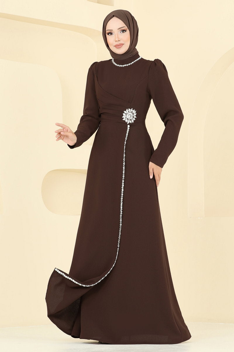 Stone-Detail Crepe Evening Dress - Brown