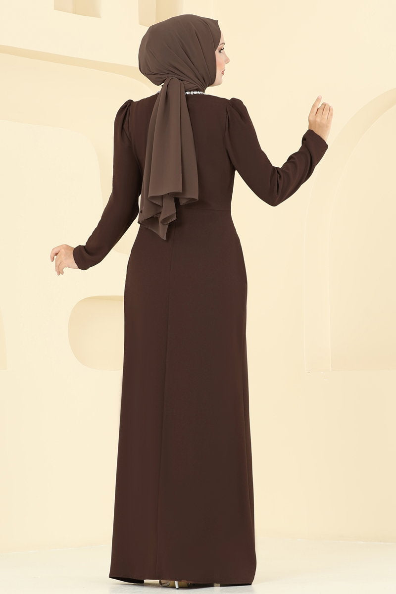 Stone-Detail Crepe Evening Dress - Brown