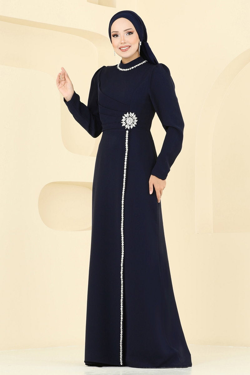 Stone-Detail Crepe Evening Dress - Dark Navy