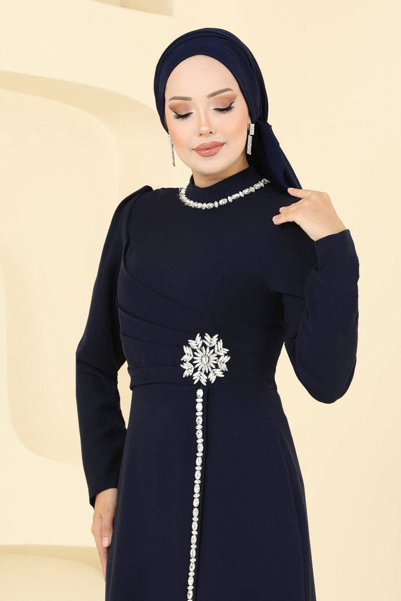 Stone-Detail Crepe Evening Dress - Dark Navy