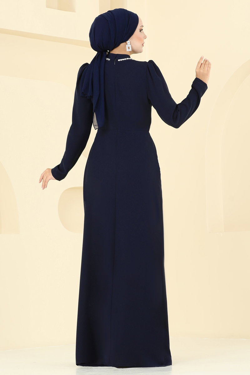 Stone-Detail Crepe Evening Dress - Dark Navy