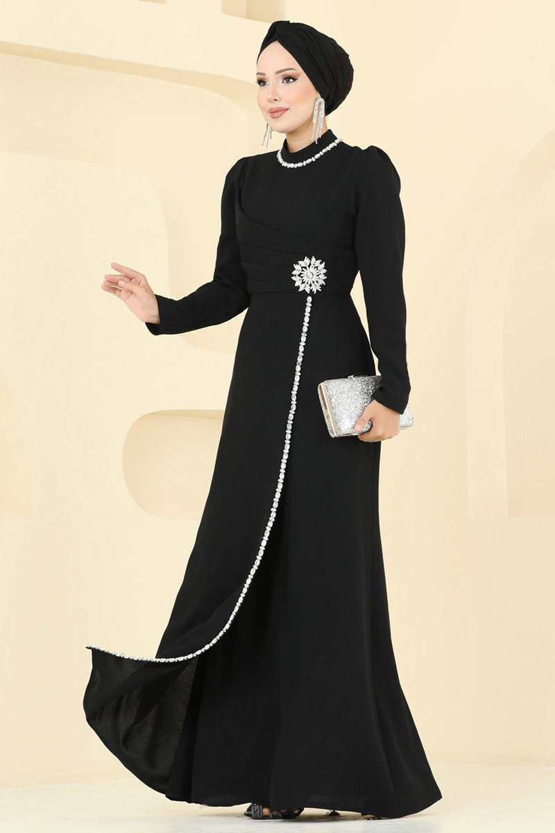 Stone-Detail Crepe Evening Dress - Black